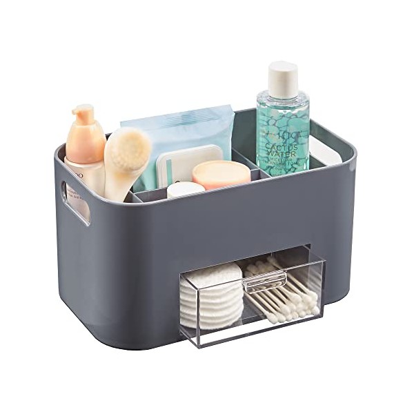 STORi Bliss 4-Compartment Plastic Organizer with Small Accessory Drawer in Classic Grey | Rectangular Vanity Storage Bin with Pass-Through Handles | Round Corner Design | Made in USA