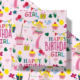 RUSPEPA Happy 7th Birthday Wrapping Paper Roll for Girls, Mini Roll, Pink Happy Birthday Girl Pattern Design for Party and More, 17 inches x 16.4 feet, 7 Years Old