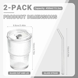 2-Pack 450ml Ribbed Cups with Lids and Straws, Embossed Drinking Set for Iced Coffee, Smoothies, Juice, Water – Reusable Tumbler Set for Home, Office and Gifts
