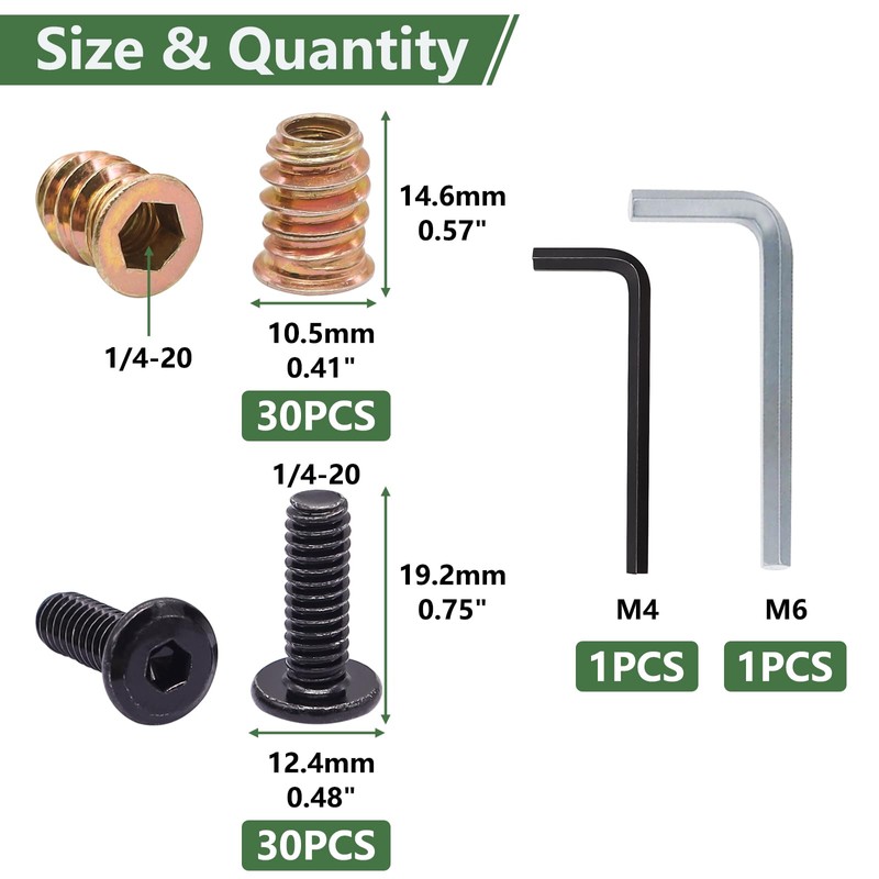Bemaka 60PCS Threaded Inserts for Wood, 1/4-20 x 3/4" Furniture