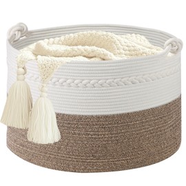 HOBASKET Laundry Basket,20''x13''Woven Cotton Rope Laundry Hamper,Blanket Basket for Living Room;Toy storage;Woven basket;Nursery Storage Bin,Nursery hamper,Boho Room Decor (White+Brown)