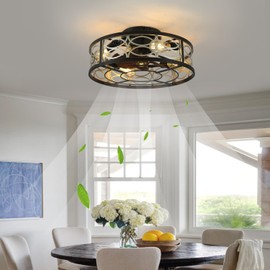 HUEOCZW 20" Caged Ceiling Fan with Light and Remote，bladeless Ceiling Fan 6 Speed Reversible with 4 Bulbs and Remote Control.Low Profile Ceiling Fan with Lights for Bedroom, Dining Room