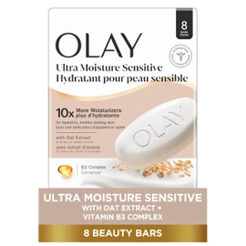 Olay Beauty Bar for Sensitive Skin, Ultra Moisture, 10x More Moisturizers, Nourishing Conditioners, Gentle on Skin, Vitamin B3 Complex, Oat Extract & Vanilla Crème Scent, 3.17 oz (Pack of 8)