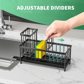 Sponge Holder for Kitchen Sink with High Brush Holder, Sink Organizer Countertop Rustproof 304 Stainless Steel, Soap Dispenser Organizers and Storage Essentials