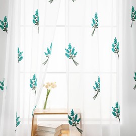 KarINSTALLi - Cortinas transparentes florales bordadas, con estampado de lavanda, semitransparente, de 96 pulgadas de largo, 2 paneles de bolsillo para barra, cortinas de gasa de primavera para sala