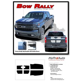 Original Bow Rally : Compatible with 2019-2025 Chevy Silverado Racing Stripes Hood Decals Tailgate Vinyl Graphic Kit (Fits All Models) (05 Silver Metallic – Wet Install)