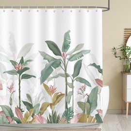 Bonhause Shower Curtain 180 x 180 cm Anti-Mould Shower Curtains Tropical Leaves Plants Shower Curtain Waterproof Polyester Fabric Washable Bathroom Curtain for Bathroom with 12 Hooks
