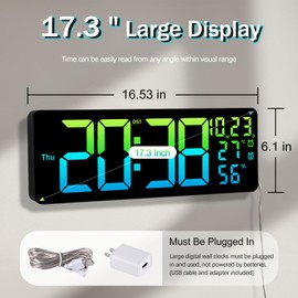 JoFomp 17.3" Large Digital Wall Clock, LED Digital Clock Large Display with Remote Control, Alarm Clock with Temp/DST/Dimmer/Humidity/Timer/Ambient Light - 12/24H, Alarm Wall Clock for Bedroom