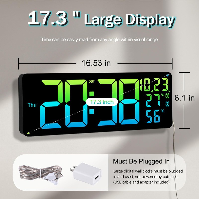 JoFomp 17.3" Large Digital Wall Clock, LED Digital Clock Large