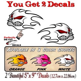 2 White Flaming Skulls 9" Decals Autobody Angry Fire Skull Graphics Decal JDM Sticker Burning Flame Vinyl Racing Stickers (White - 2 Decals)