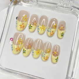 French Press on Nails Medium Almond Fake Nails Pink False Nails Handmade Press on Nails Full Cover Design Colorful Flower False Nails Reusable Acrylic Nails for Women Art Manicure (Size M)