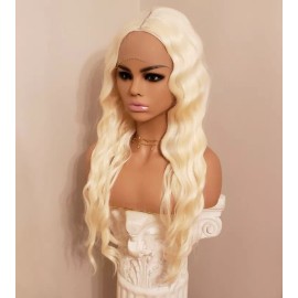 Unbranded Platinum Blonde Wig - Small Front Lace Human Hair Blend  Silver White Wavy Curly