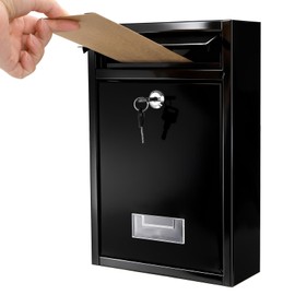 DEAYOU Wall Mount Mailbox for Outside, Mail Box with Key Lock, Steel Cover Metal Drop Box, Dropbox with Slot for Envelope, Home, Office Business, Decor, 12.6" H x 8.5" L x 3.3" W, Black