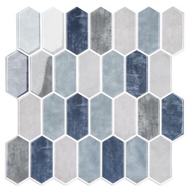 WalDecoo Peel and Stick Tiles for Kitchen, Thicker Design 3D Self-Adhesive Long Hexagon Wall Tile Backsplash, Mix Blue 10-Sheet 12"x12" Stick on Tiles, Peel and Stick Wall Tile for Kitchen