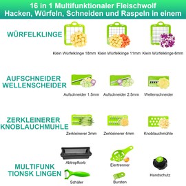 16 in 1 Gemüseschneider, Mandoline Gemüsehobel mit 9 Austauschbare Klingen, Multifunktionsschneider Würfelschneider Salatschneider für Hobeln Von Obst Gemüse, Karotte, Kartoffel