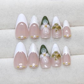 French Tip Press on Nails Medium Almond Fake Nails with 3D Flower Line Pearl Designs Acrylic Nails Green Floral False Nails Full Cover Glue on Nails for Women Girls Manicure Decor 24Pcs