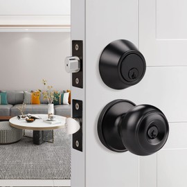 Probrico 2 Pack Entry Door Knob with Double Cylinder Deadbolt, Keyed Alike Black Knobsets, Exterior Front Door Locks with Knob and Dedbolt