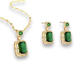 Lonbamu Women Jewelry Set Rhinestone Zircon Emerald Pendant Necklaces & Earrings Set 925 Sterling Silver Created (Green)