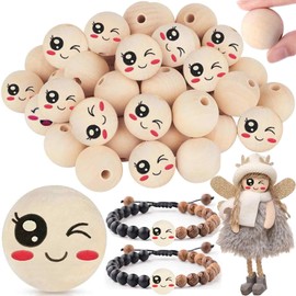 Yueser 30 mm Wooden Beads with Face, Pack of 30 Wooden Balls with Face for Worm 30 mm Wooden Beads with Face Worm Wooden Heads with Face Lucky Worms Beads with Face Wooden Balls with Hole