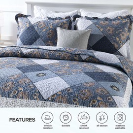ENJOHOS California King Quilt Sets Oversized 128x120, 3 Pcs Navy Blue Plaid Floral Cal King Bedspread Coverlet Set for All Seasons, Patchwork Reversible Bedding Set