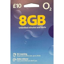 O2 Pre Pay Micro Sim Card Preloaded With 8GB of Data and Unlimited Minutes and Texts for 30 days. £10 bundle included. Roam in Europe included up to 8GB.