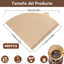 400 Piezas V60 Filtro de Papel de Café, Filtro de Papel para Dripper de Un Solo Uso, Serie V02, 16 x 11,5 cm, Adecuado para Cafeteras de Goteo, Hogar, Oficina, Baristas y Amantes del Café (Marrón)