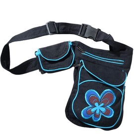 Kunst und Magie Goa Shoulder Bum Bag Waist Belt Hippie Psy Festival Flower Motif, black/blue