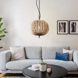 Newrays Wood Bead Chandelier Pendant Gray White Finishing Bohemian Boho Beachy Ceiling Lamp Light Fixtures (Globe)