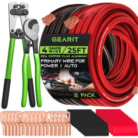 GearIT 4 Gauge CCA Ground Wire (25FT Each - Black and Red) All-in-One Kit: Crimping Tool, Cutter, 15 Lugs, and 20 Heat Shrink Wrap