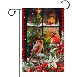 Heyfibro Christmas Cardinal Garden Flag Christmas Tree Garden Flags 12x18 Inch Double Sided Burlap, Flowers Poinsettia Yard Flag for Winter Holiday Xmas Yard Outdoor Decoration(ONLY FLAG)