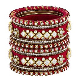 Aheli Red White Silk Thread Fabric/Stone Studded Kundan/Chura/Chuda Bangle Set Gift for Women Size 2.6"
