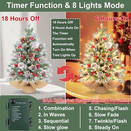 24 Inch Realistic-Feel Flocked Prelit Christmas Tree with 50 Warm Lights Timer 8 Mode Battery Operated Small Artificial Tabletop Christmas Tree Red Berry Pinecones Xmas Tree Decor Table Home Indoor