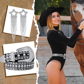 Maiteenly Western Costume for Women Black Cowgirl Hat with Rhinestones 70s 80s Disco Fringe Bodysuit Belt Necklace Earring (X-Large)