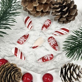 Christmas Press on Nails Medium Almond Fake Nails, French Tip Press on Nails Red with White Snowflake Designs Glossy Christmas Nails Full Cover Glue on Nails for Women 24Pcs