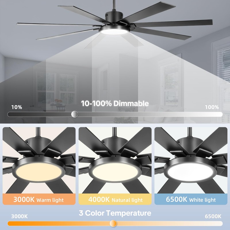 Large Ceiling Fans with Lights, Modern 72 Inch 8 Blade