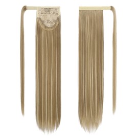 FESHFEN Ponytail Extensions - 24 Inch Long Straight Wrap Around Synthetic Ponytails Hair Piece Pony Tail Hair Extensions Hairpieces for Women, Light Brown Highlighted Blonde