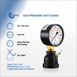 CARBO Instruments Gas Test Pressure Gauge 60 Pound, 60 PSI / 400 kPa, 3/4” FNPT Connection, Brass Valve, Forged Steel Bell Shape Body Assembly.