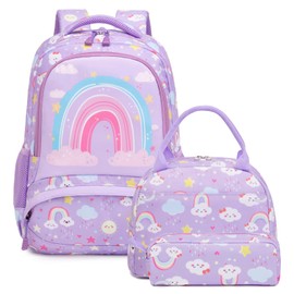 3PCS Rainbow Backpack Set, Purple School Bag with Lunch Box Pencil Pouch, Cute Large Capacity Backpack Set for Preschool & Kindergarten