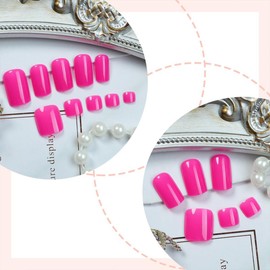 48Pcs Square Press on Nails & Toenails Set Hot Pink Glossy Acrylic Nails Short Toe Fake Nails Solid Color False Nails Reusable Stick Glue on Toenails Holiday Acrylic Nails Kit for Women Girls