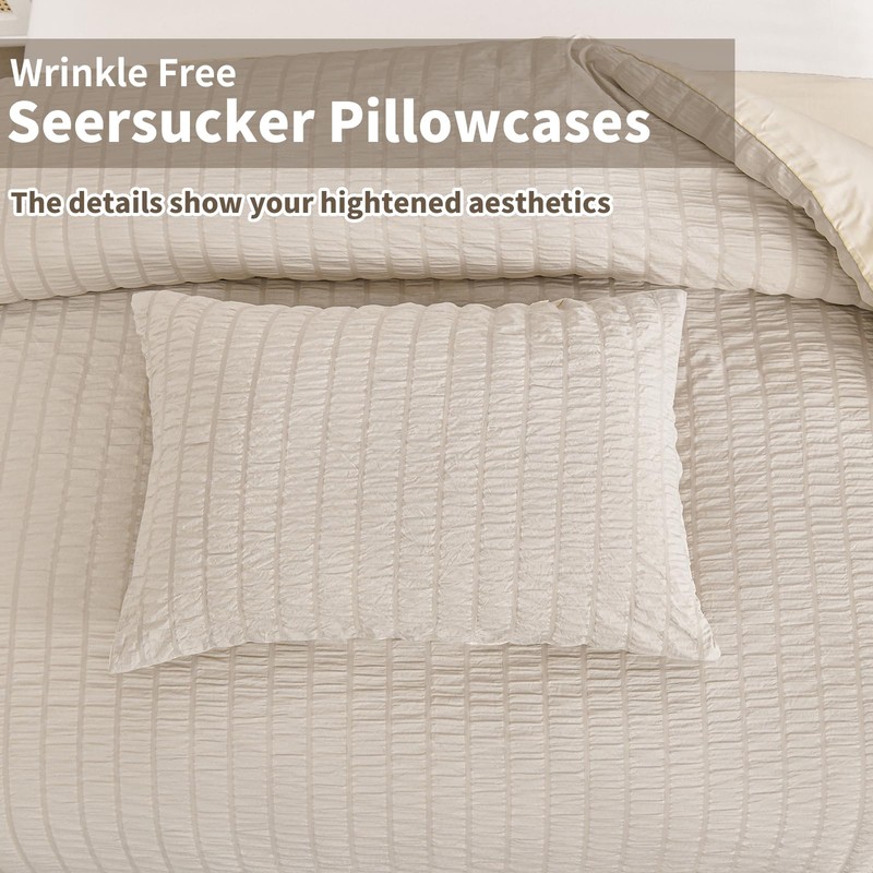 Beige Seersucker Duvet Cover Double Size Puckering Seersucker Bedding Set,2