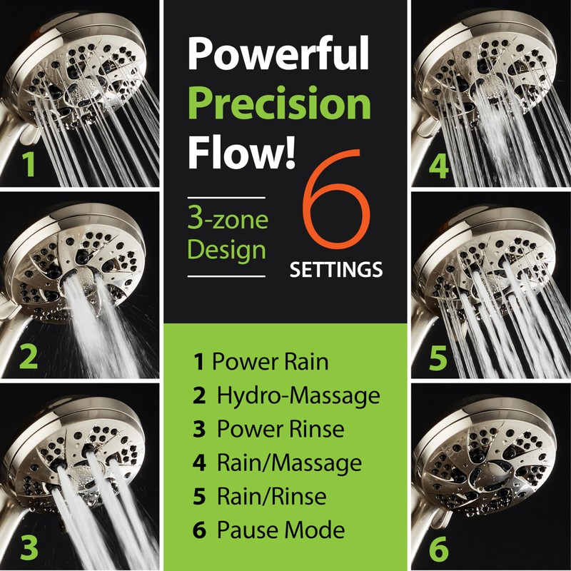 AquaDance High Pressure 6-Setting Full Brushed Nickel Handheld Shower Head