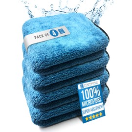 Microfibre Car Drying Towel Thick, Super Absorbent, Lint Free 40cm x 40cm Microfiber Cloth Car - Perfect Addition to your Car Washing, Drying, Detailing and Polishing (Pack of 4)