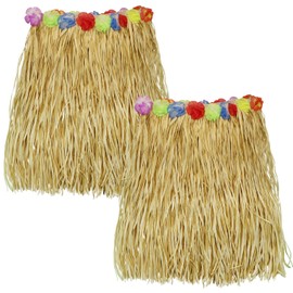 PIXHOTUL 2 Pcs Grass Hula Skirt with Elastic Hibiscus Flowers for Adults Women Men Tropical Hawaiian Party Summer Beach Party Beige