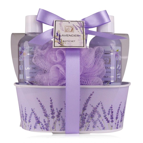 Accentra Women's Shower Set Lavender in Beautiful Metal Box - 4-Piece Care Set with Shower Gel, Body Lotion, Bubble Bath & Mesh Sponge - Wellness Gift Set for Birthday, Valentine's Day