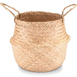 Decorasian Belly Basket, Braided Seagrass Large and Small - Basket Planter in Straw or Raffia Look - Seagrass Basket with Handle for Carrying - 2 Pieces 30 cm