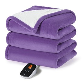 Sunable Heated Electric Blanket - Machine Washable Blanket with Time Settings 10 Heat Settings Twin Size 62×84 inches Purple - Velvet & Sherpa