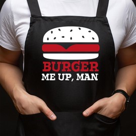 BBQ Aprons for Men, Funny Cooking BBQ Apron in 100% Cotton, Adjustable with 2 Pockets, Birthday, Christmas, Cooking Gifts for dad, chef, husband, him - Burger Me Up - Black
