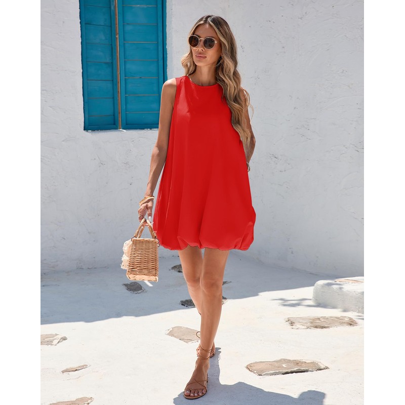 YEXPINE Women's Bubble Mini Dress Sleeveless Crewneck Keyhole Tie Back