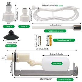 Lucky Farm Float Valve Kit 1/4 Inch Tube Water Fountain Auto Fill System with Adjustable Arm for Outdoor Fountains, Gardens, Ponds