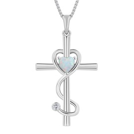YL Women's Stethoscope Cross Necklace Sterling Silver Doctor Nurse Medical Pendant RN Registered Created Opal Jewelry